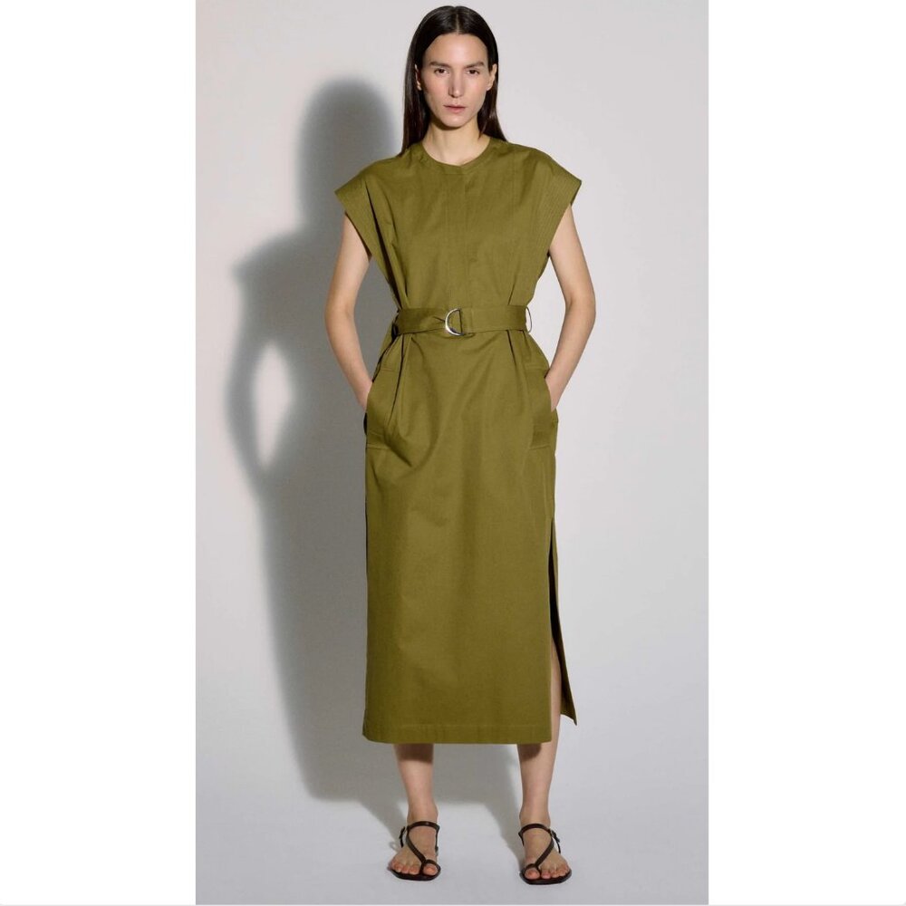 NWT Argent Belted Cap-Sleeve Cotton Twill Midi Dress in Mushroom, Size Small